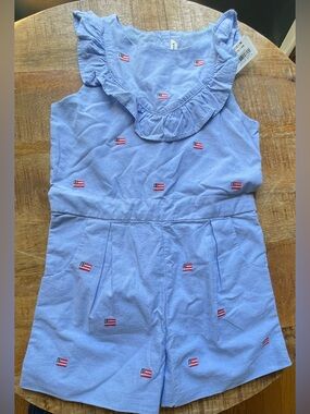 NWT Janie and Jack Embroidered Flag Ruffle Romper Blue 6